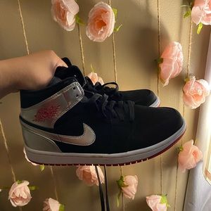 jordan 1 mid black, red and silver.